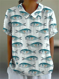 Women’s Vintage Lovely Fish Art Print Casual Cotton And Linen Shirt Multicolor / S