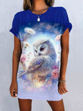 Women's Owl Floral Art Design T-Shirt Dress