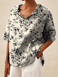 Women’s Elegant Black Floral Print Casual Linen V-Neck Shirt Multicolor / S