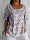 Elegant Pink French Rose Pattern Printed Women’s Casual Cotton Shirt Multicolor / S