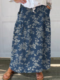 Batik Style Blue Floral Pattern Printed Women’s Linen Pocket Skirt / S