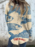 Women’s Vintage Fish Sardines Art Print Button Back Casual Knitted Shirt