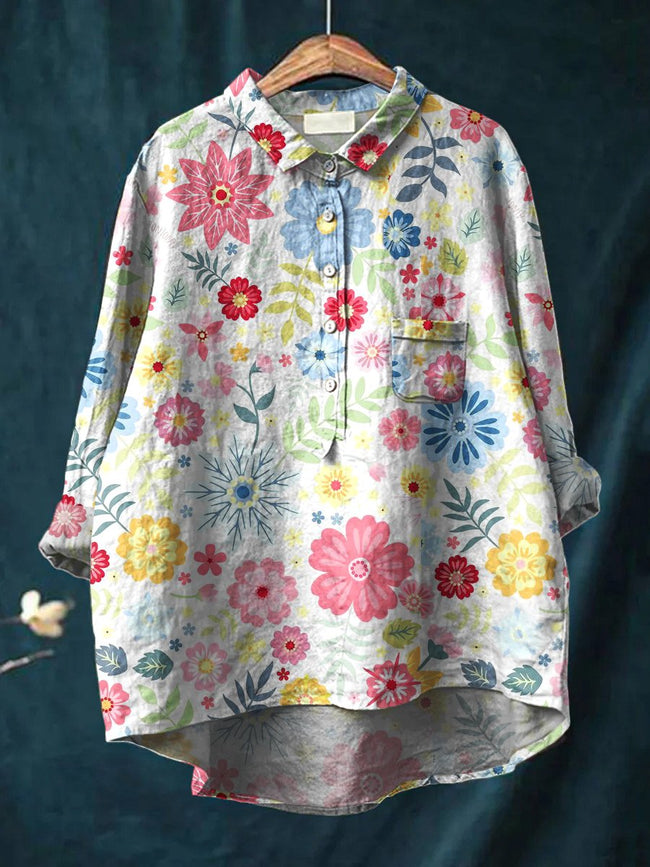 Women’s Floral Art Print Casual Cotton And Linen Shirt Multicolor / S