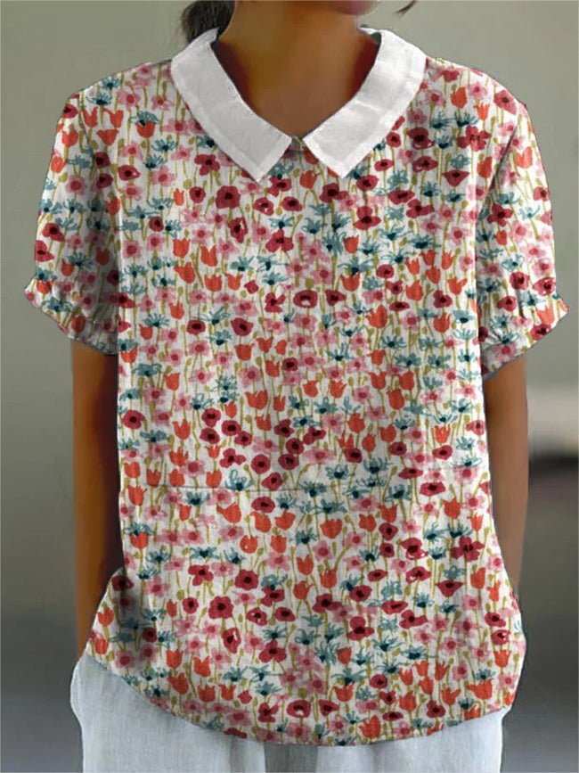 Women's Flower Art Print Casual Cotton And Linen Shirt