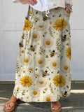 Women’s Lovely Sunflowers Bee Art Printed Linen Pocket Skirt Multicolor / S