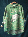 Women’s Lovely Cat Floral Art Print Casual Cotton And Linen Shirt Green / S