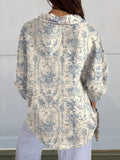 Women’s Retro Palace Style Blue Curly Print Casual Linen V-Neck Shirt