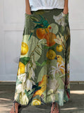 Women’s Vintage Floral Parrots Art Printed Linen Pocket Skirt