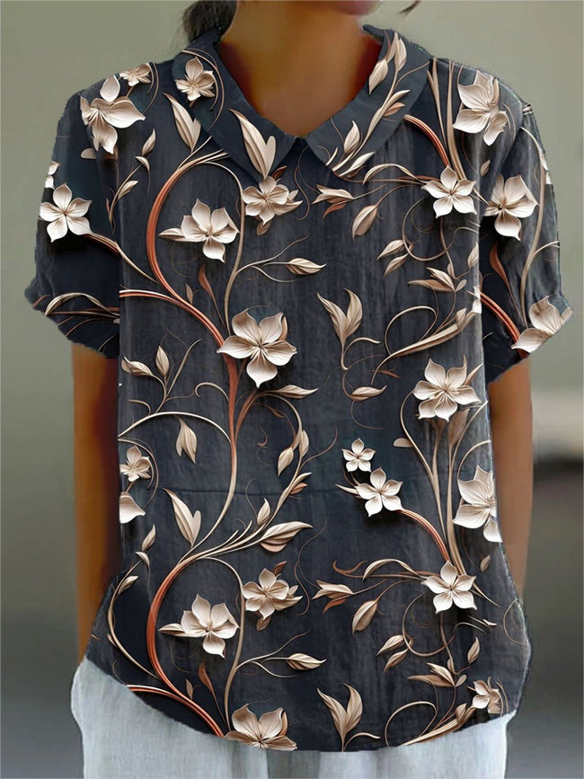 Women’s 3D Flower Print Casual Cotton And Linen Shirt Multicolor / S