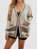 Women’s Autumn And Winter Color Blocks Design Knitted Cardigan Sweater With Pockets Khaki / S