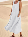 Women Sleeveless Sundress Elegant Round Neck Cotton Linen Solid Long Tank Casual Summer Dress White