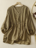 Women’s Spring Summer Cotton And Linen Five-Quarter Sleeve Shirt Khaki / M