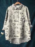 Women’s Cat Art Print Casual Cotton And Linen Shirt Multicolor / S