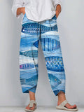 Watercolor Sea Fish Pattern Printed Women’s Cotton And Linen Casual Pants Blue / S