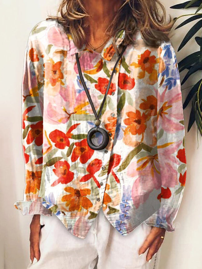 Women’s Flower Art Print Cotton & Linen Casual Long Shirt Multicolor / S