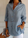 Women’s Single-Row Buttons Pleated Solid Color Shirt Lightblue / S