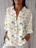 Women’s Yellow Green Elegant Small Flower Floral Print Casual Linen V-Neck Shirt Multicolor / S