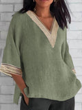 Women’s Summer V-Neck Cotton And Linen Solid Color Blouse Green / S