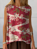 Japanese Traditional Cherry Blossom Pattern Printed Women’s Casual Cotton And Linen Tank Top