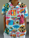 Cartoon Tropical Fish Pattern Printed Women’s Casual Cotton And Linen Shirt Multicolor / S