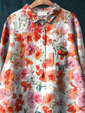 Watercolor Poppy Pattern Printed Women’s Casual Cotton And Linen Shirt