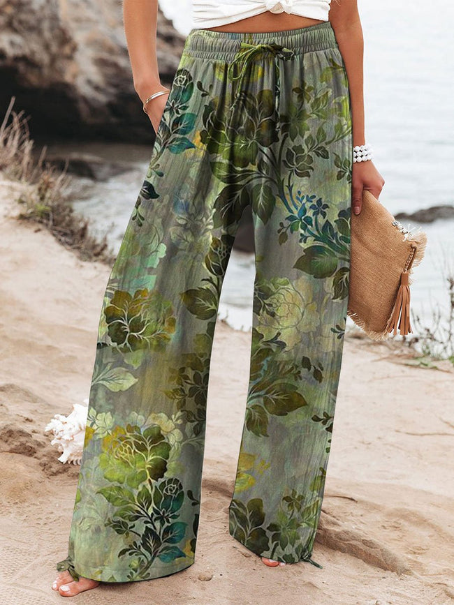 Women's Flower Printed Cotton And Linen Casual Pants