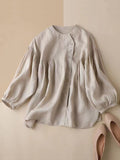 Women’s Solid Color Lantern Sleeve Cotton And Linen Blouse Almond / M