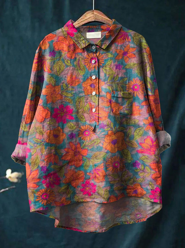 Women’s Vintage Flower Art Print Casual Cotton And Linen Shirt Multicolor / S