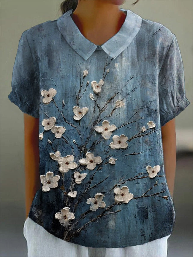 Women’s Flower Art Print Casual Cotton And Linen Shirt Multicolor / S