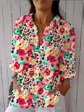 Women’s Red Floral Leopard Print Casual Linen V-Neck Shirt Multicolor / S