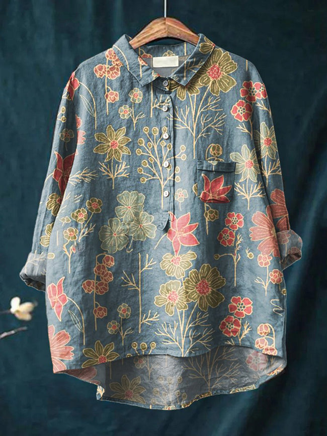 Women’s Floral Art Print Casual Cotton And Linen Shirt Multicolor / S