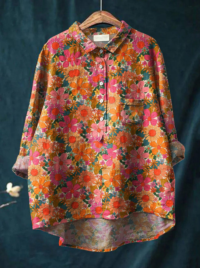 Women’s Floral Art Print Casual Cotton And Linen Shirt Multicolor / S