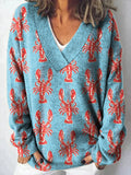 Lobster Repeat Pattern Printed Knit V-Neck Pullover Sweater Multicolor / S