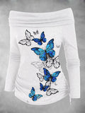 Women's Butterfly Art Print Off Shoulder Foldover Cinched T-shirt