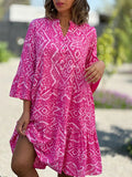 V-Neck Flare Sleeve Pattern Print Summer Dress Pink / S