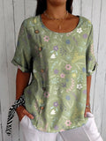 Sweet Meadows Floral Pattern Printed Women’s Casual Cotton Shirt Green / S