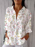 Women’s Pink And Yellow Elegant Floral Print Casual Linen V-Neck Shirt Multicolor / S