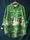 Women’s Lovely Goose Floral Art Print Casual Cotton And Linen Shirt Green / S