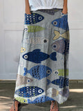 Women’s Vintage Lovely Fish Art Print Linen Pocket Skirt