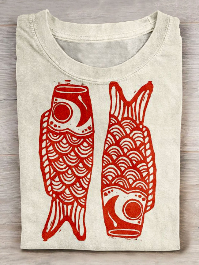 Fish Art Print Casual Short Sleeve T-Shirt Multicolor / S