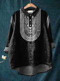 Ethnic Style Geometric Pattern Printed Women’s Casual Cotton And Linen Shirt Black / S