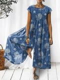 Women’s Retro Elegant Floral Art Print Casual Denim Jumpsuit Blue / S