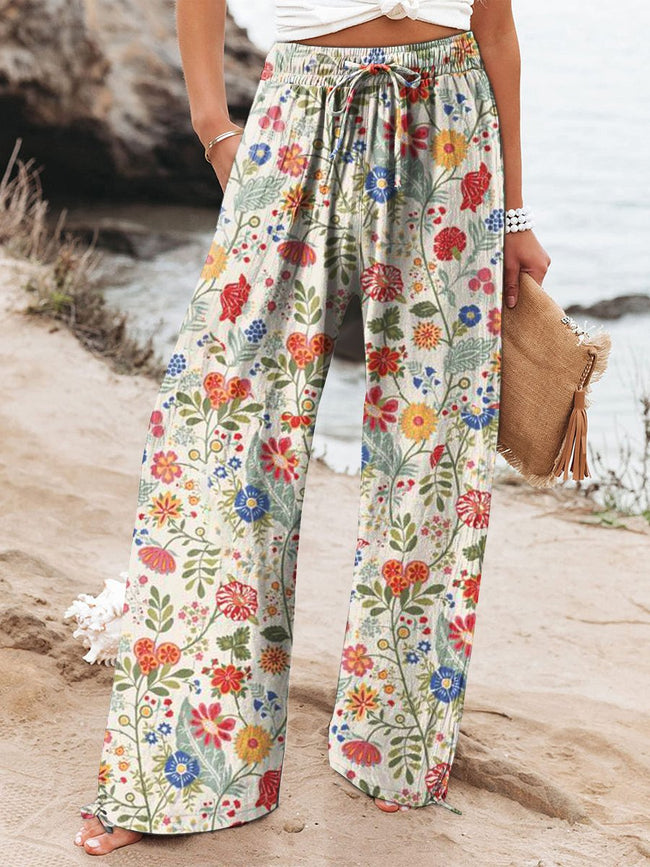 Women's  Floral  Art Printed Cotton And Linen Casual Pants