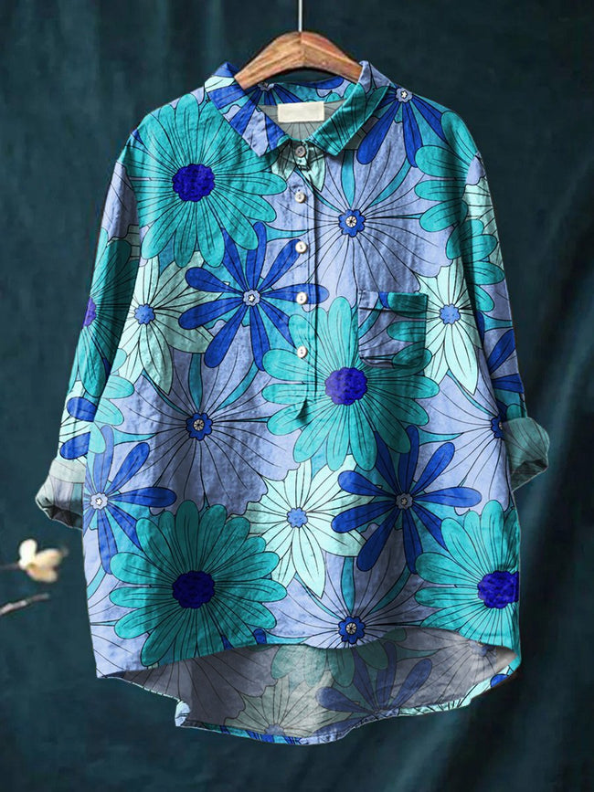 Women’s Floral Art Print Casual Cotton And Linen Shirt Multicolor / S