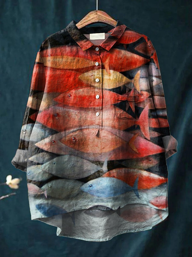 Women’s Dreamy Red Fish Print Casual Cotton And Linen Shirt Multicolor / S