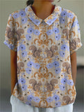 Women’s Vintage Lovely Squirrel Woodland Art Print Casual Cotton And Linen Shirt Purple / S