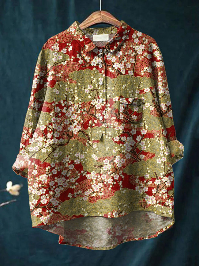 Women’s Flower Print Casual Cotton And Linen Shirt Multicolor / S