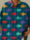 Colorful Fish Repeat Pattern Printed Women’s Casual Cotton Linen Shirt