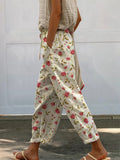 Vintage Style Petite Rose Pattern Printed Women’s 100% Cotton Casual Pants Multicolor / S