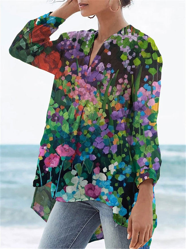 Women’s Flower Print Casual Linen V-Neck Shirt Multicolor / S